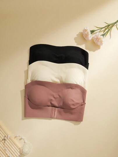 NudeFit 3pcs Women's Plus Size Wireless Front Closure Bras, Solid Color