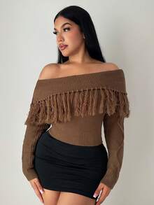 SHEIN SXY Women's Solid Color Minimalist Off Shoulder Fringe Long Sleeve Casual Sweater Brown - Coffee Brown - View 3