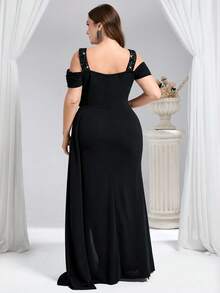 Coutiva Váy dạ hội trang trọng thanh lịch, hở vai, xếp nếp, màu trơn, họa tiết chắp vá, cỡ lớn dành cho nữ - màu đen - Xem 2