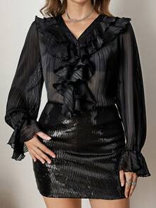 Zelara 加大码提花领荷叶边长袖衬衫，黑色，适合2025秋冬季圣诞节派对新年感恩节等场合穿着 - 黑色 - 查看 3