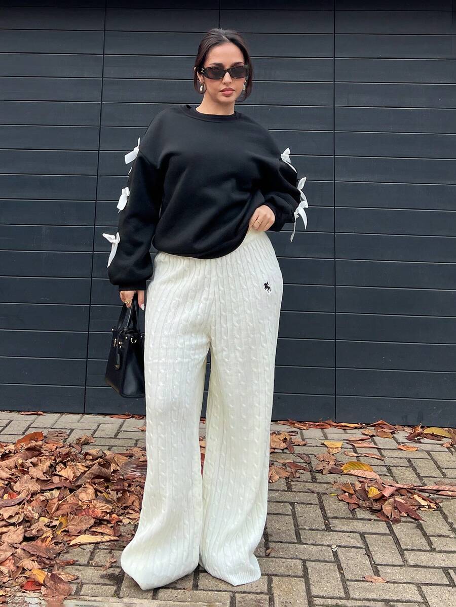 NegzBox Fall Women Clothes Old Money Autumn  Sweaters Pant Women's Solid Color Cable Knit Casual Loose Sweater Pants White Wide Leg Pants Cable Knit Pants Wide Leg Knit Pants - White - View 1