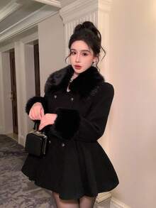 DAZY Women's Elegant Solid Color Collar A-Line Overcoat, Autumn/Winter Jacket - Black - View 9