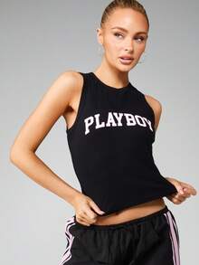 Missguided x Playboy 夏季休闲日常穿着的学院风印花背心 - 黑色 - 查看 1
