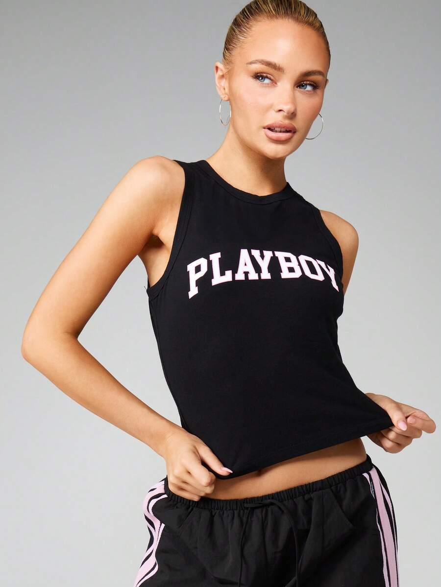 Missguided x Playboy 夏季休闲日常穿着的学院风印花背心 - 黑色 - 查看 1