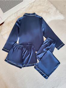 SHEIN 3pcs Contrast Trim Heart Pattern Faux Silk Pajama Set Satin Sleepwear Set Satin Pj Set Navy Blue Pajama Set - Navy Blue - View 2