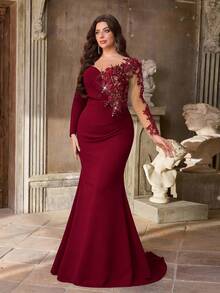 Aureia Vestido elegante y lujoso de talla grande para otoño e invierno con bordados de encaje, aplicaciones de diamantes y cuentas, manga larga, bajo de sirena, adecuado para cena, boda, fiesta de graduación, fiesta de Navidad, baile de graduación y Día de San Valentín (modelo pesado) - Burdeos - Ver 6