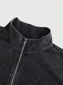 ROMWE MEN Polo unisex con stampa a fiocco di neve lavata, felpa polo casual in stile college con stampa in inglese - nero - Visualizzare 5