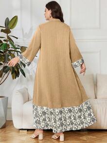 Lacomfia Plus Size Casual Printed Patchwork Long Sleeve Loose Fit Dress, Spring/Autumn Fall - Khaki - View 2
