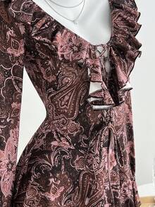 SHEIN Unity 1 件女士棕色印花深 V 领系带腰部荷叶边下摆休闲/工作连衣裙，秋季 - 棕色 - 查看 5
