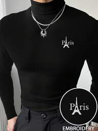 Manfinity Men's Casual Basic Paris Print Turtleneck Long Sleeve T-Shirt