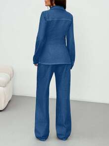 EURMUSE Blueed Denim Fitted Waist Shirt And Straight Jean Set Everyday Going Out Fall Casual Streetwear Aqua Blue - Medium Wash - View 2