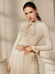 Anewsta 女士蝴蝶结装饰长袖毛衣，优雅百搭，适合秋季、冬季、春季、新年、派对、婚礼、时尚、休闲、舒适、感恩节、毕业典礼、圣诞节等场合。 - 杏色 - 查看 3