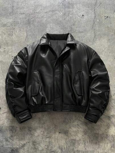 AXEPEAK Men's Long Sleeve Zip-Up Collar Casual PU Pleated Cotton Jacket