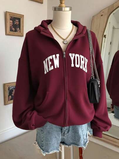 INAWLY Plus Size Casual Letter Graphic Zip-Up Loose Sweatshirt, Autumn