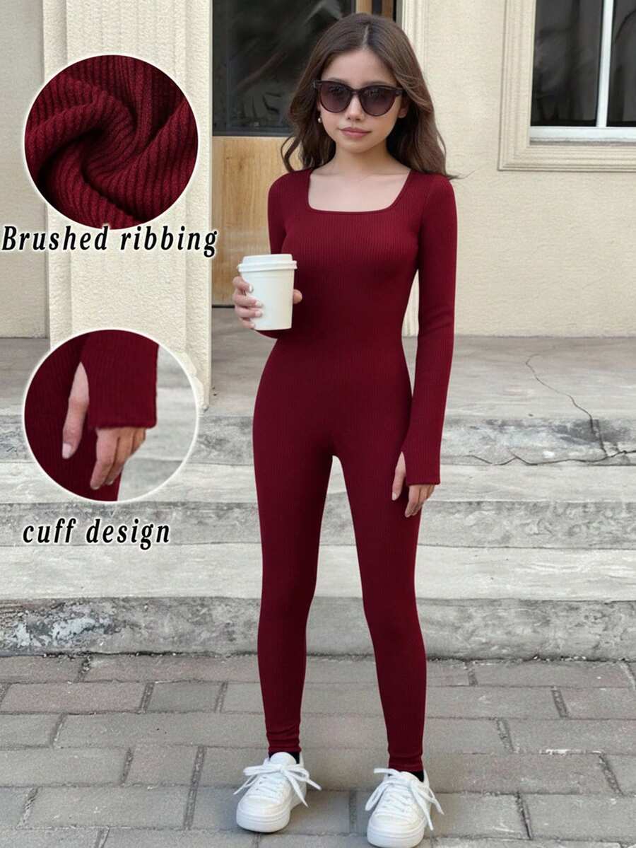 SHEIN 少女休闲日常简约针织抓绒高领长袖修身纯色连体裤,秋冬款 - 酒紅色 - 查看 1