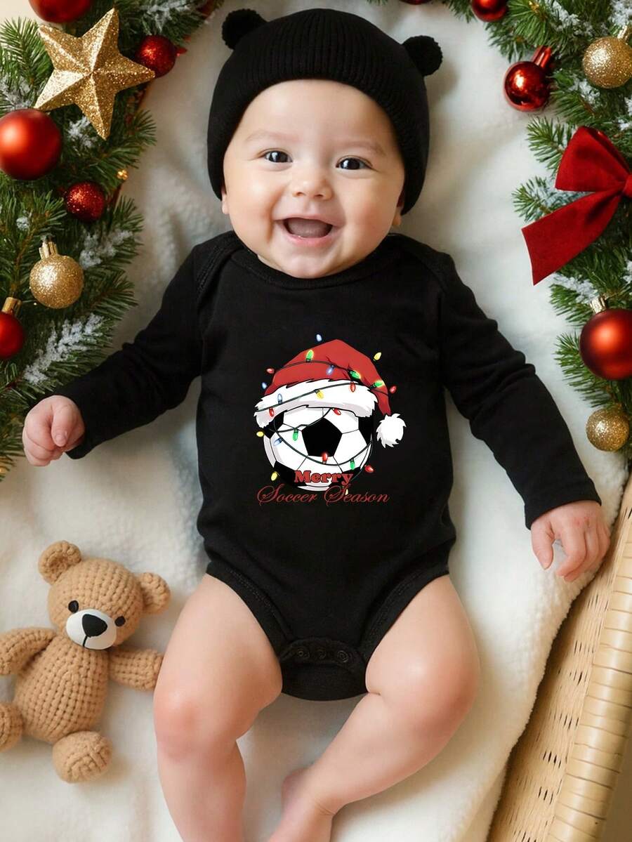 Bodysuit de Manga Longa Preto Confortável com Estampa de Basquete de Natal e Ano Novo, Adequado para Outono/Inverno/Primavera, Leve e Confortável, Ideal para Uso no Outono, Visual Casual e da Moda, Volta às Aulas, Adequado para Piquenique ao Ar Livre, Fotografia de Rua, Festivais, Presentes - Multicolorido - Visão 1