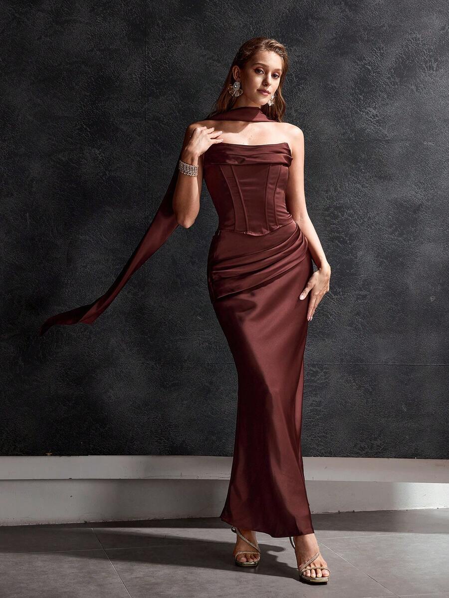 MOTF Soiréza 优雅的露肩无肩带缎面天鹅绒拼接胸衣，配有可拆卸腰带；精致的三件套正式礼服，鱼尾裙摆，适合仪式、宴会等场合。