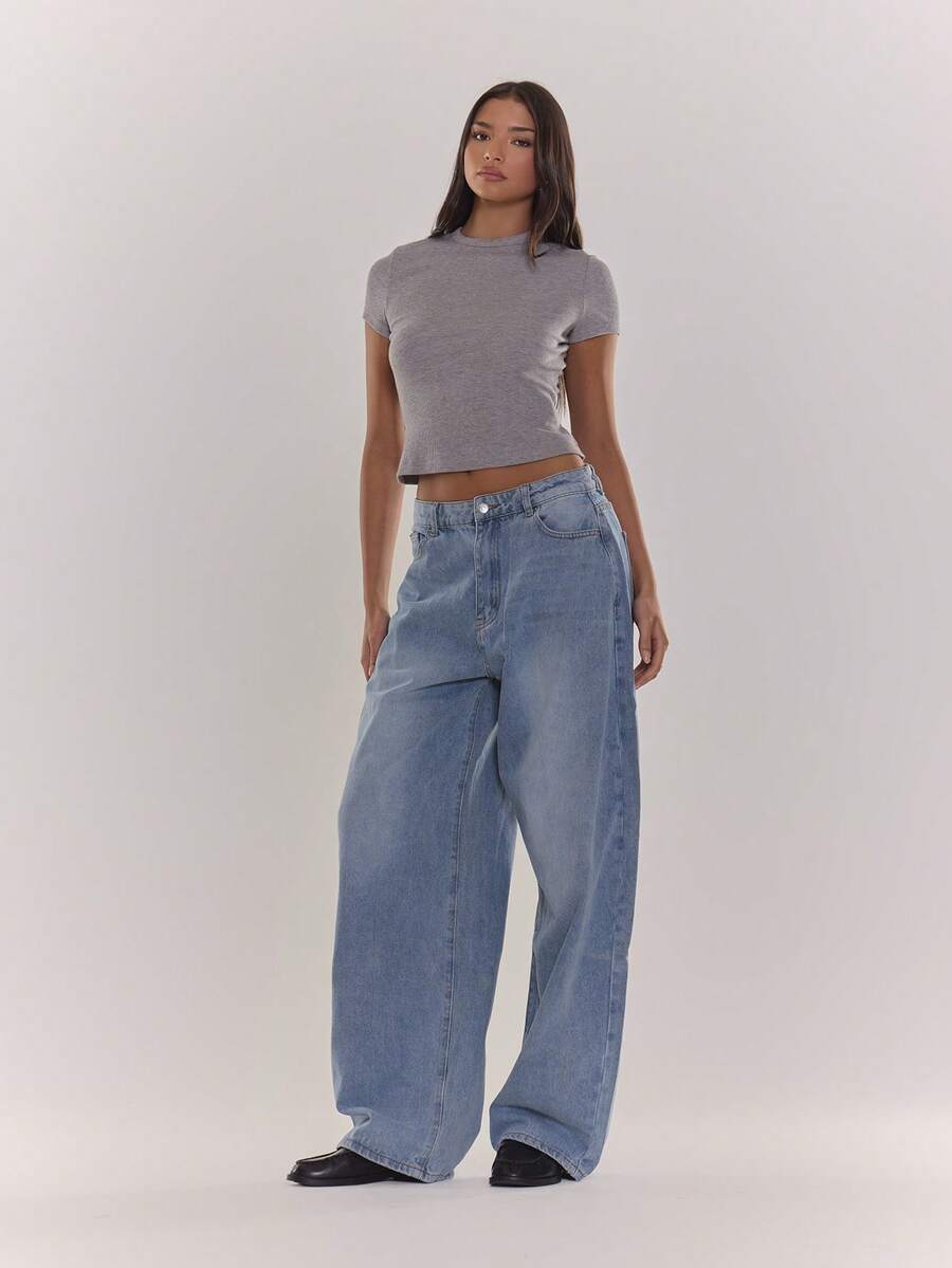 MUSERA Weite, oversized Jeans mit umgeschlagenem Saum, klassisch, süß, sexy Streetwear für Herbst, Frühling, Sommer - Blau - Übersicht 1