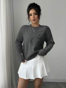 Elenzga Sweater Pullover Wanita Kerah Bulat Motif Bunga Warna Polos - Dark Grey - View 3