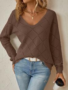 SHEIN Clasi Áo len nữ tay dài cổ chữ V khoét lỗ màu trơn thường ngày, thu/đông - Lạc đà - Xem 3