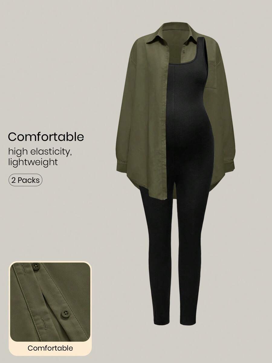 Modmama 两件套孕妇纯色无袖连体衣 - 軍綠色 - 查看 1