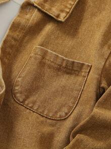 SHEIN Genkimix Kids Young Boy's Denim Shirt With Pockets, Letter Print & Small Logo, Casual Fashion Streetwear, Cool Back To School - Khaki - View 3