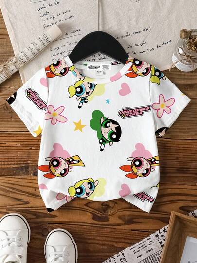THE POWERPUFF GIRLS X SHEIN Young Girl Summer Casual Fun Cartoon & Letter Print Short Sleeve T-Shirt