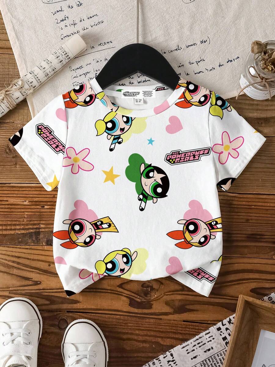 THE POWERPUFF GIRLS X SHEIN Young Girl Summer Casual Fun Cartoon & Letter Print Short Sleeve T-Shirt - White - View 1