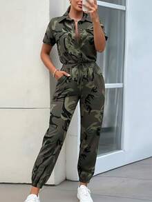 SHEIN LUNE 女式休闲V领束腰迷彩印花长款连体裤，春夏 - 彩色 - 查看 3