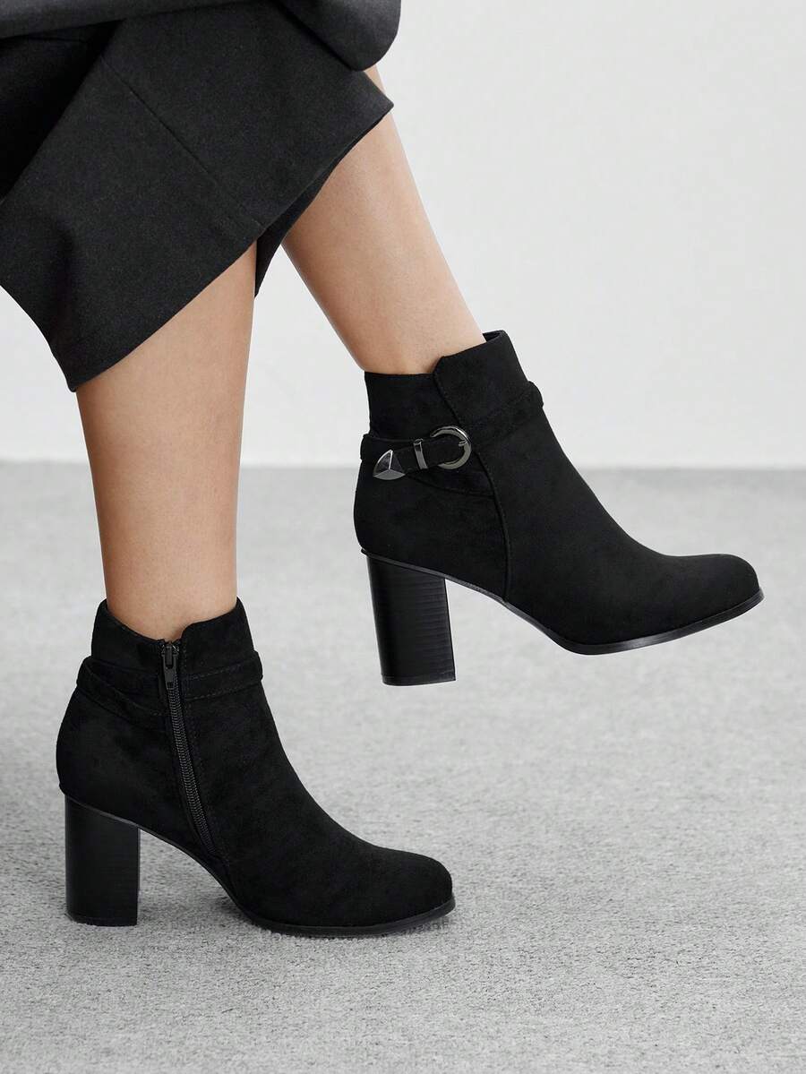 CUCCOO BIZCHIC Women's Round Toe Chunky Heel Mid-Calf Boots, Everyday Wear - Black - View 1