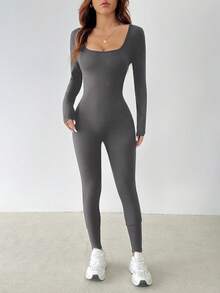 SHEIN PETITE 纯色圆领连体紧身衣 春季女式连体裤 - 深灰色 - 查看 5