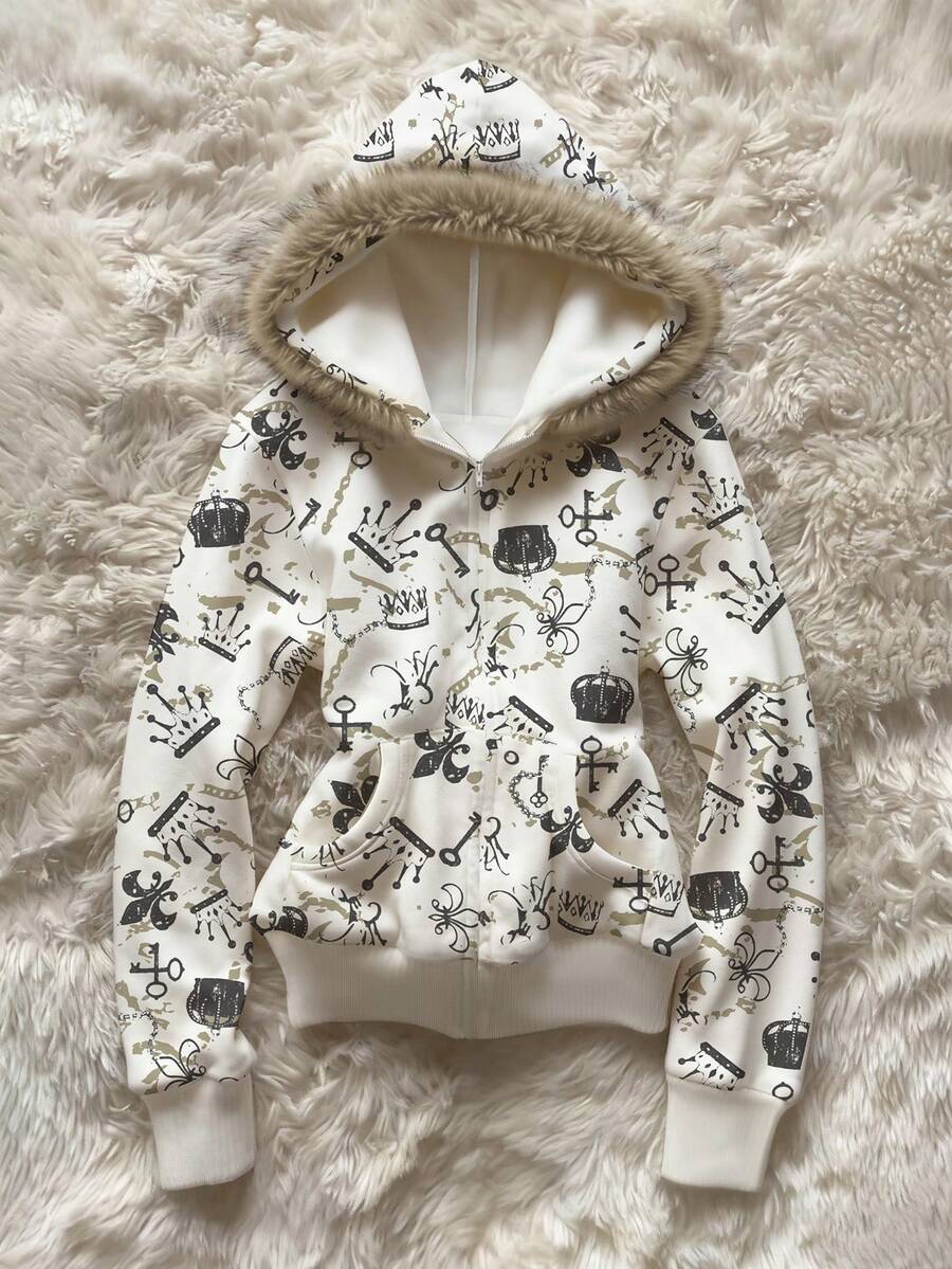 INAWLY Casual Full Print Fleece Hooded Sweatshirt, Autumn/Winter - Multicolor - View 1