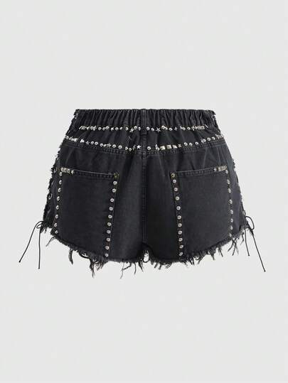 Grunge Punk Short en jean déchiré vintage sexy avec rivets, lacets et taille basse pour femmes grandes tailles. Convient pour les festivals de musique et les fêtes