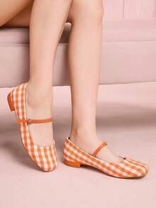 CUCCOO DOLLMOD 女士平底橙色方头格子玛丽珍鞋，校园风，日系可爱低跟鞋 - 橘色 - 查看 7