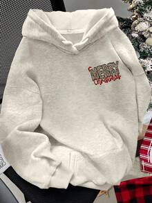 EMERY ROSE Plus Size Women Christmas Print Hooded Sweatshirt, Casual For Autumn/Winter - Light Grey - View 2