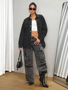 SHEIN Tall Women's Casual Versatile Denim Jacket And Coat - Black - View 6