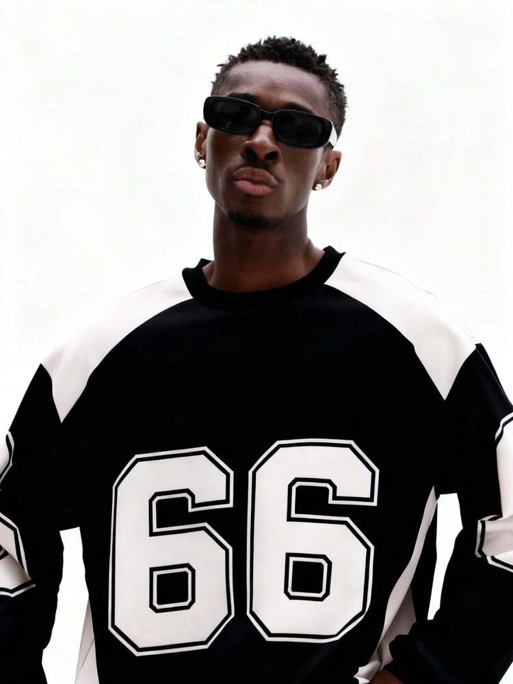 Crew Neck Number Print Pullover Sweatshirt