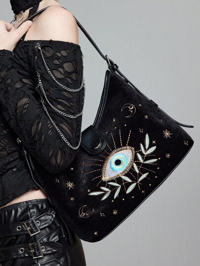 Fairycore Women's Casual Shoulder Bag With Eye Embroidery Design, Suitable For Daily Commute