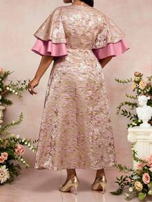 Fleurora 大码优雅派对提花喇叭袖连衣裙 - 香檳色 - 查看 3