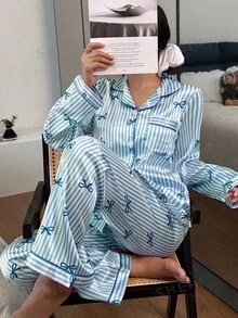 Snug Zone Blue Satin Striped Bow Print Pajama Set For Women Long Sleeve Lapel Neck Pocket Design - Blue - View 3