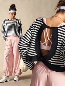 VARSIVA Women's Loose Black And White Stripe Long Sleeve T-Shirt,Open Back Athleisure Gym Top For Summer,Yoga Workout Cover Up,Casual Beach Holiday Daily Wear - Multicolor - View 8