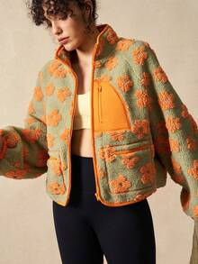 VARSIVA Women's Floral Pattern Raglan Sleeve Zip Front Loose Outdoor Fleece Jacket, Autumn/Winter 70s, Suitable For Fall Winter, Casual Gym Yoga Outdoor Holiday Vacation