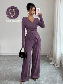 Elenzga Bộ 2 món áo dài tay cổ chữ V tối giản màu trơn và quần dài cho nữ, trang phục thường ngày - Màu tím - Xem 7