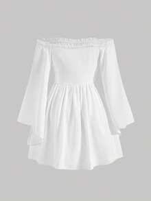 SHEIN Girlism Tween Girls' Solid Color Off Shoulder Cinched Waist Woven Dress - White - View 2