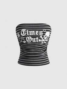 ROMWE Avant Women's Retro Y2K Baddie Slogan Skull Print Striped Cropped Tube Top And Super Low-Rise Mini Shorts 2 Pieces Set - Multicolor - View 8