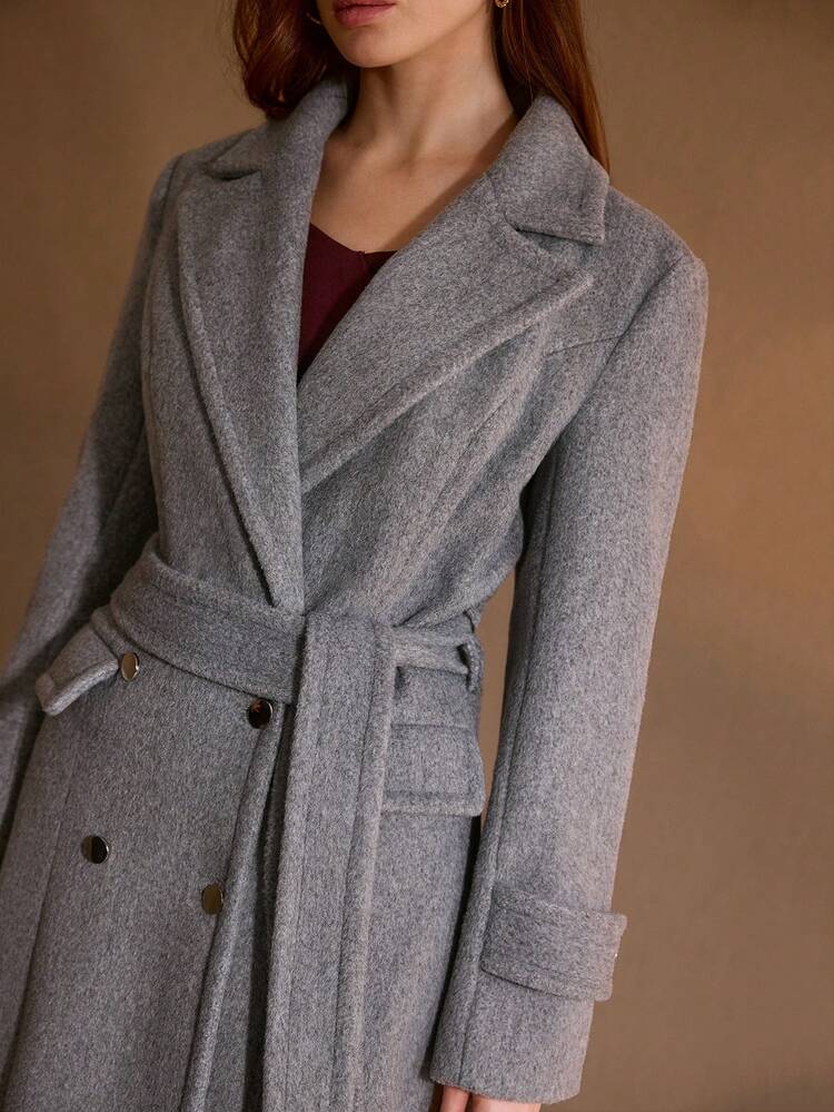 WOMEN DOUBLE BREASTED LAPEL LONG OVERCOAT