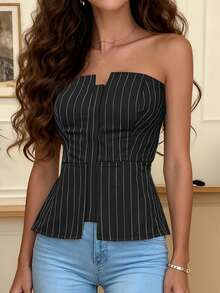 SHEIN 女士时尚条纹抹胸上衣，夏季 - 黑色 - 查看 1