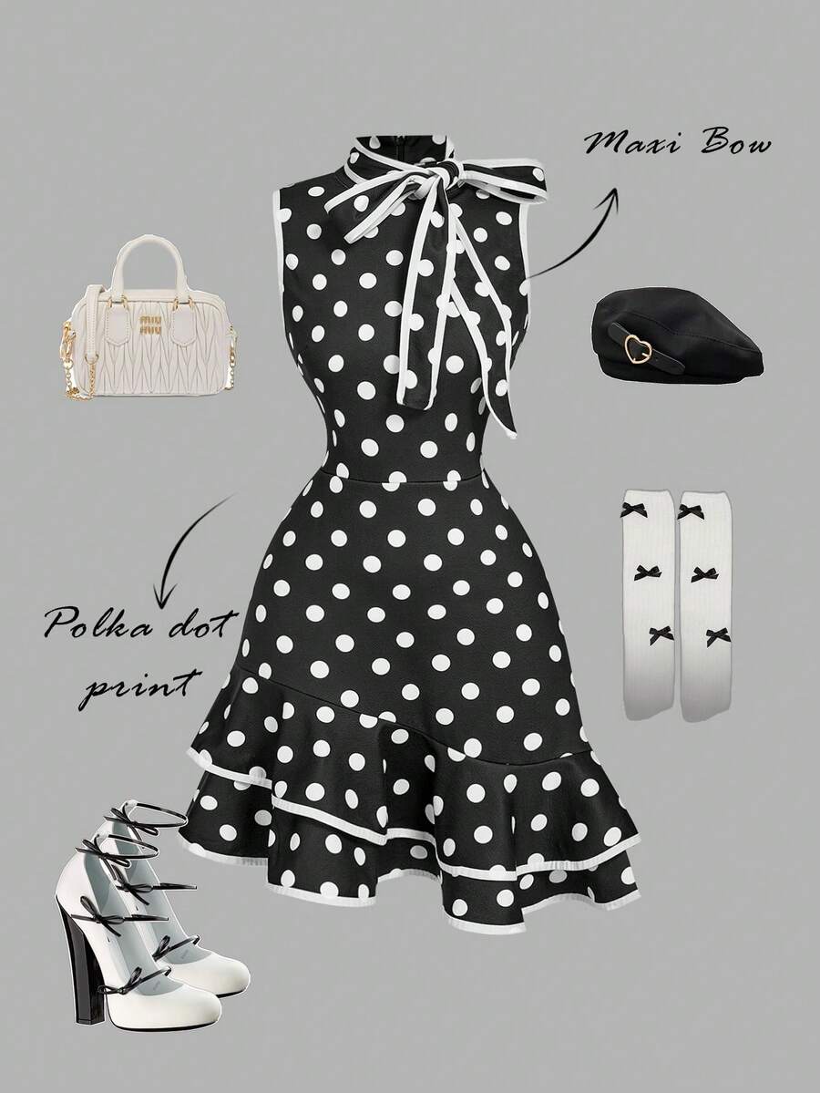 SHEIN MOD Schwarz-Weiß Polka Punkt Asymmetrischer Saum Kurzes Kleid - Asymmetrisch, Schärpe, Schleife, Rüschen, Vintage 70er, Y2K, Date, Party, Gericht, Festlich, Geburtstag, Abschlussball, Schule, Business Lässig Damen Büroanzug, Professionell, Vintage Luxus Stil, Pendler Outfit - Schwarz und Weiss - Übersicht 1