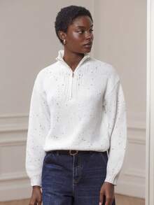 lacRébo White Loose-Fit Knit Sweater With High Neck, Front Zip, And Colorful Sequin Details White Winter Jumper Going Out Party New Year - White - View 7