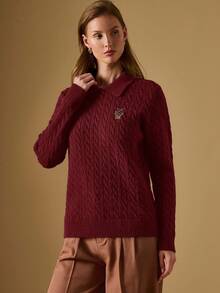Briarwyn 女式简约绞花刺绣长袖毛衣，藏青色毛衣，冬装，新年女装，复古风女装，万圣节女装 - 酒紅色 - 查看 7